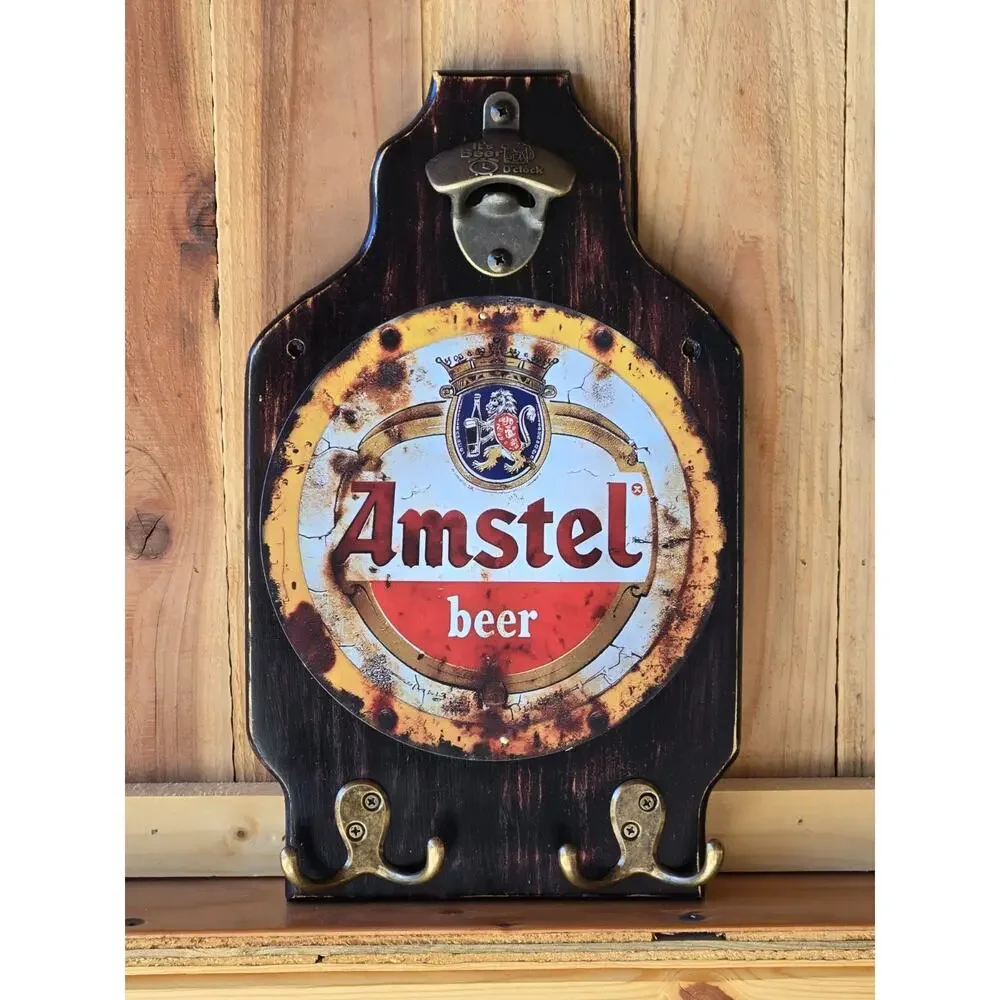Amstel Beer Wall Mount Plaque, Vintage Look, Solid Wood w/ Bottle Opener & Hooks